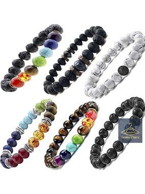 Natural Lava Stone 7 Chakra Bracelets Set of 6 Elastic Stretch Essential Oil